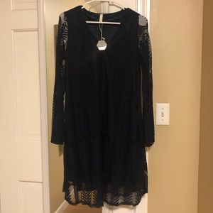 Navy Mesh Overlay Maternity Dress